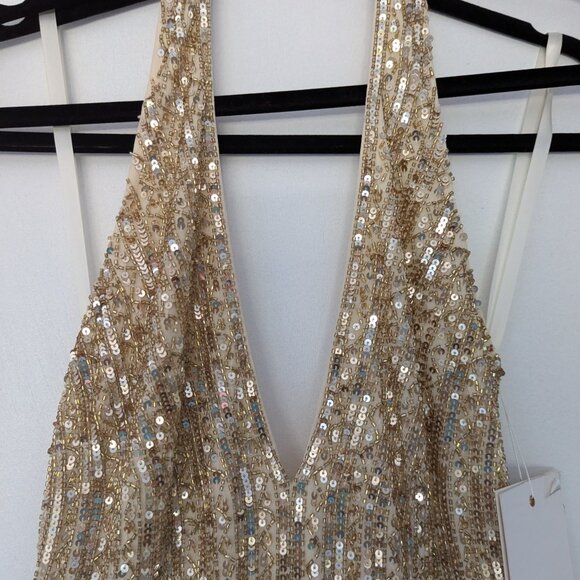 Mac Duggal Embellished Sequined Halter Strap Trumpet Gown Gold Nude Size 2 NWT - Picture 11 of 14